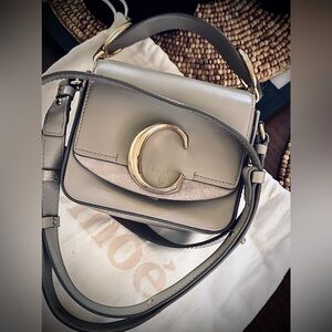 Chloe-Signature”C”Greytaupe leather mini Crossbody excellent condition/DB/👀Pics